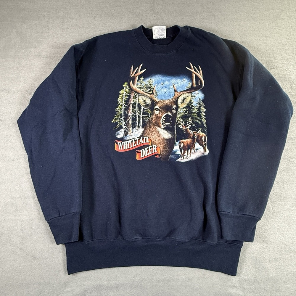 Vintage Blue WHITETAIL‎ DEER Forest Nature Print Pullover Sweatshirt Size 2XL